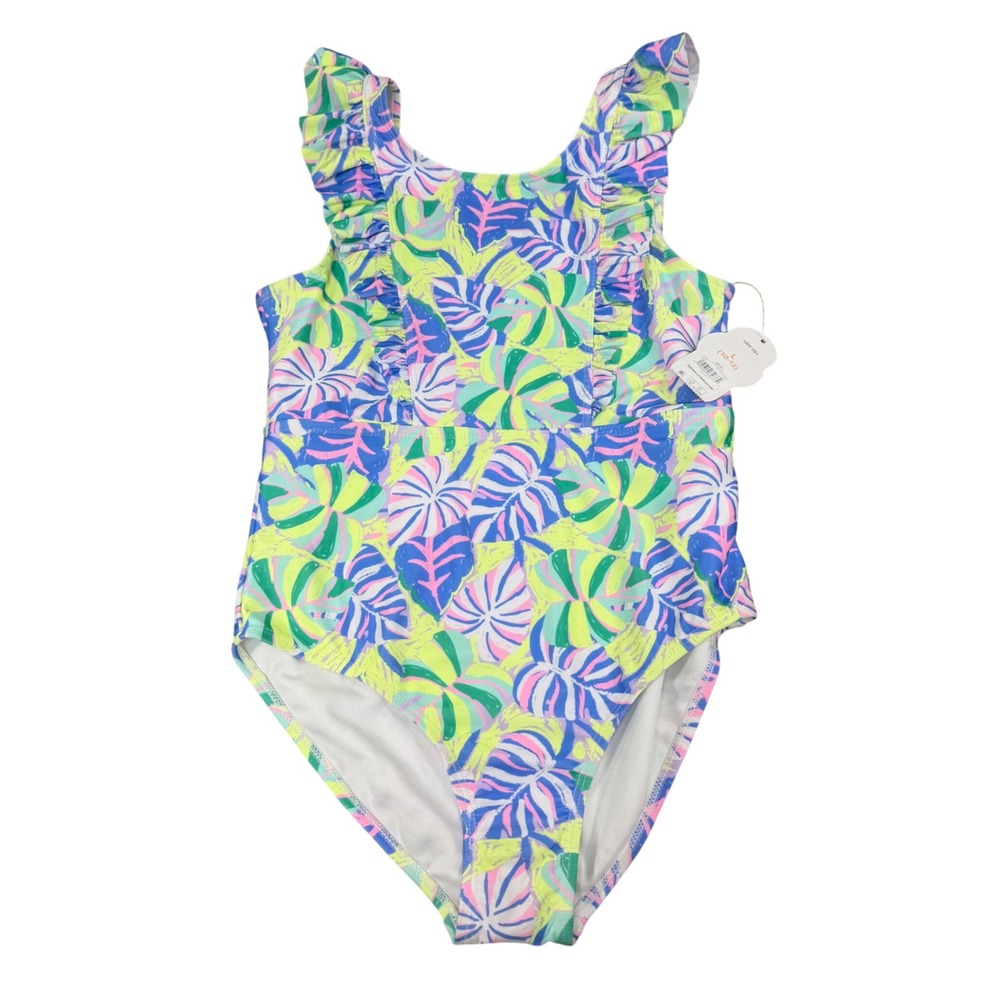 Wonder Nation Girls Tropical Leaf Ruffle One Piece Swimsuit Lavender Sky L 10-12